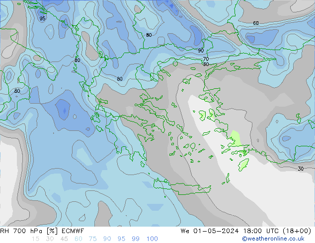 RH 700 гПа ECMWF ср 01.05.2024 18 UTC