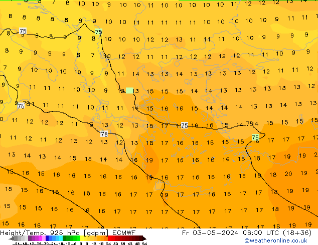 Hoogte/Temp. 925 hPa ECMWF vr 03.05.2024 06 UTC