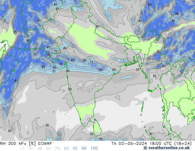 Humidité rel. 300 hPa ECMWF jeu 02.05.2024 18 UTC