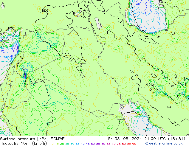 Isotachen (km/h) ECMWF vr 03.05.2024 21 UTC