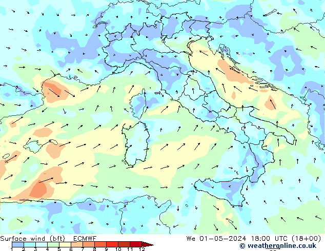 Surface wind (bft) ECMWF We 01.05.2024 18 UTC