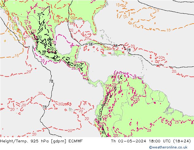 Height/Temp. 925 hPa ECMWF Th 02.05.2024 18 UTC