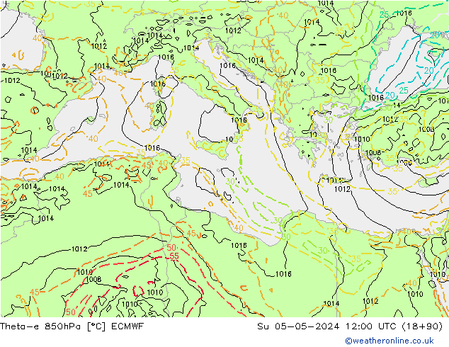 Theta-e 850hPa ECMWF Su 05.05.2024 12 UTC