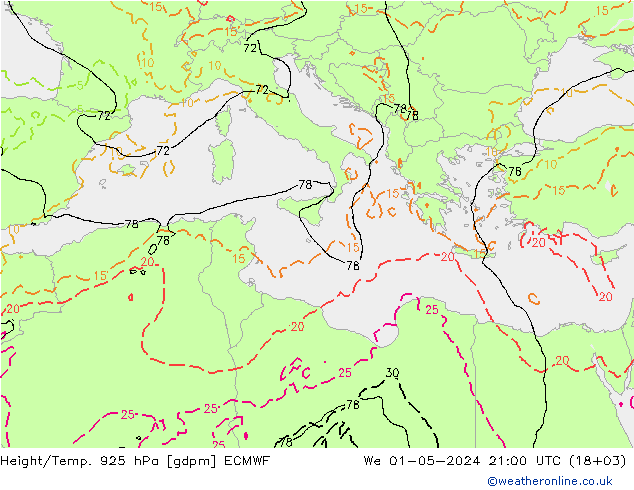 Hoogte/Temp. 925 hPa ECMWF wo 01.05.2024 21 UTC