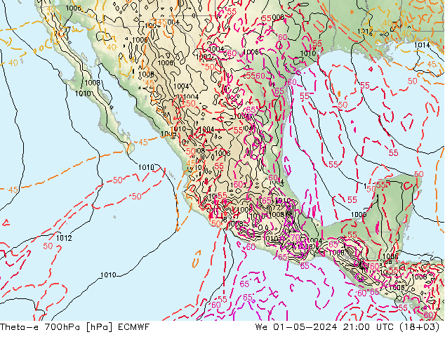 Theta-e 700hPa ECMWF mié 01.05.2024 21 UTC