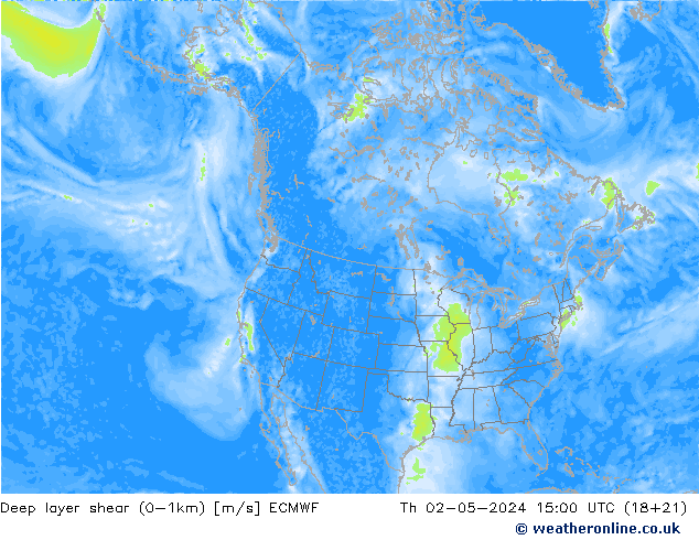 Deep layer shear (0-1km) ECMWF Do 02.05.2024 15 UTC