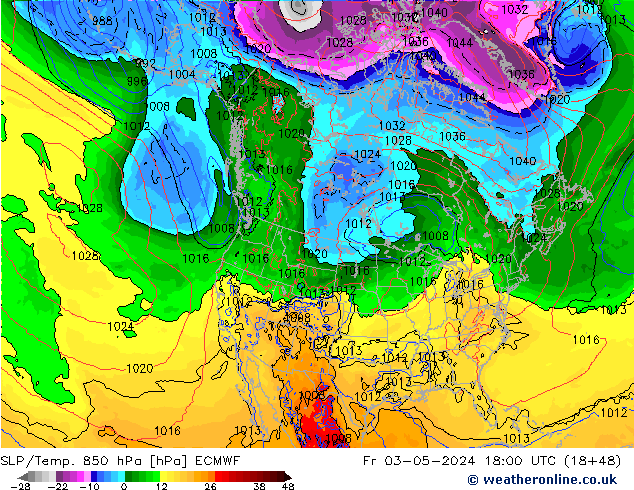 SLP/Temp. 850 hPa ECMWF vie 03.05.2024 18 UTC