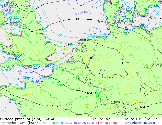 Isotachs (kph) ECMWF Čt 02.05.2024 18 UTC