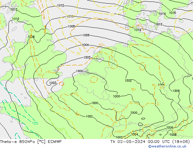 Theta-e 850hPa ECMWF jue 02.05.2024 00 UTC