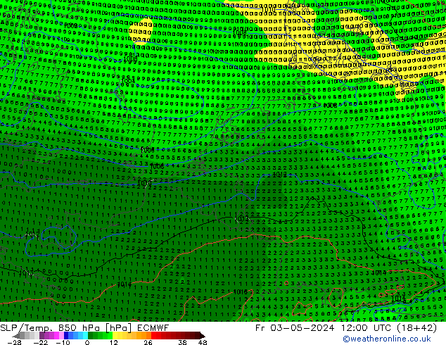 SLP/Temp. 850 гПа ECMWF пт 03.05.2024 12 UTC