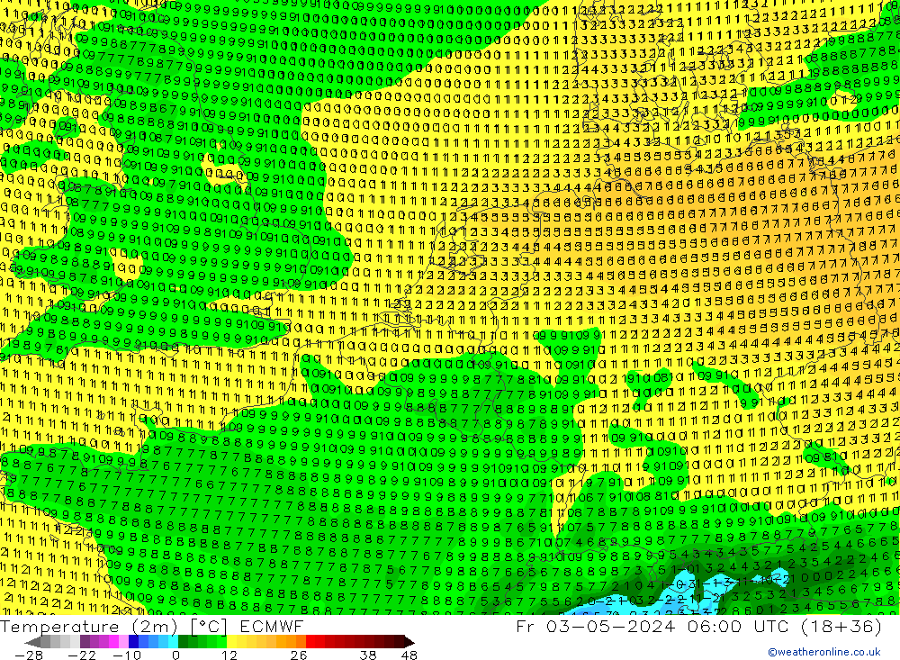 Temperatuurkaart (2m) ECMWF vr 03.05.2024 06 UTC