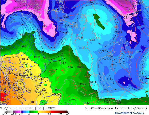 SLP/Temp. 850 hPa ECMWF Su 05.05.2024 12 UTC