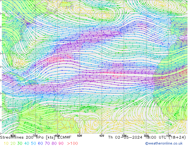 Linea di flusso 200 hPa ECMWF gio 02.05.2024 18 UTC