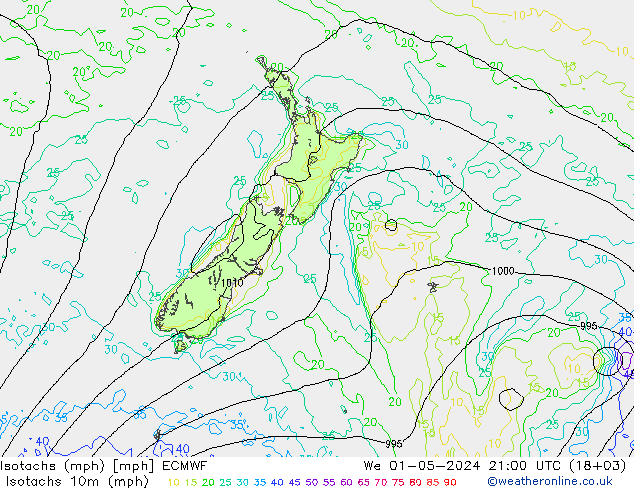 Eşrüzgar Hızları mph ECMWF Çar 01.05.2024 21 UTC