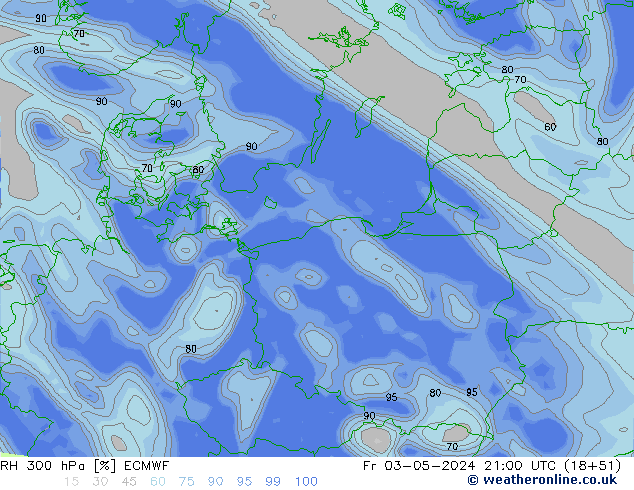 RH 300 hPa ECMWF Fr 03.05.2024 21 UTC