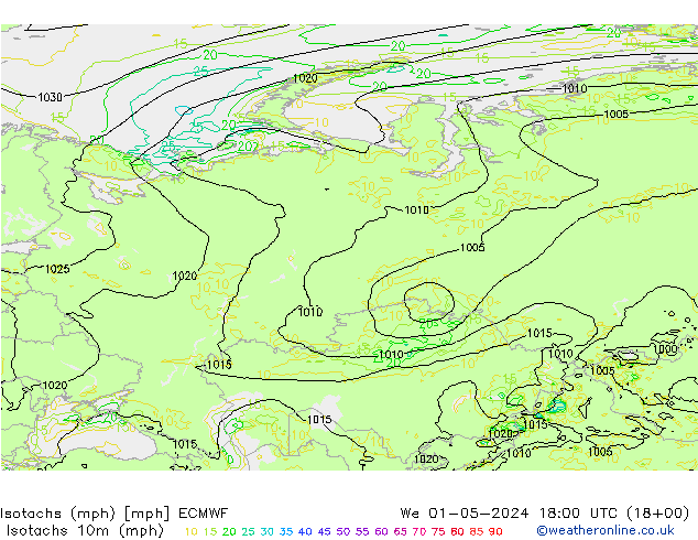 Isotachs (mph) ECMWF We 01.05.2024 18 UTC