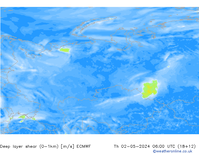 Deep layer shear (0-1km) ECMWF Th 02.05.2024 06 UTC