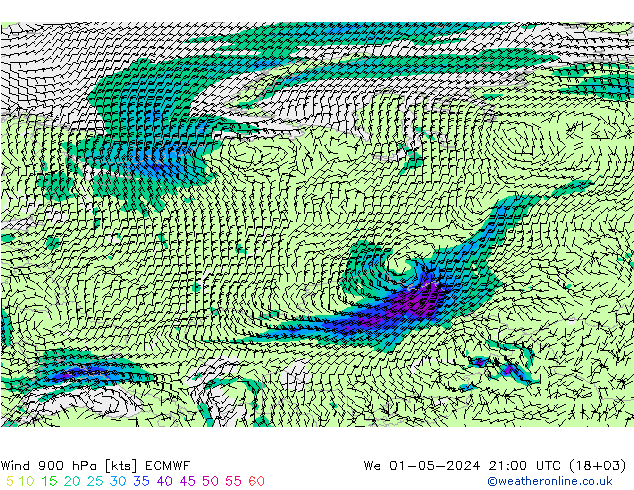 Vento 900 hPa ECMWF Qua 01.05.2024 21 UTC