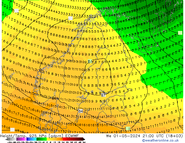 Yükseklik/Sıc. 925 hPa ECMWF Çar 01.05.2024 21 UTC