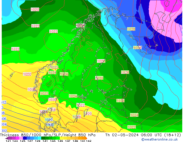 Dikte 850-1000 hPa ECMWF do 02.05.2024 06 UTC