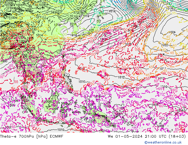 Theta-e 700hPa ECMWF wo 01.05.2024 21 UTC