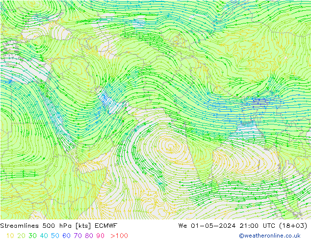 Linha de corrente 500 hPa ECMWF Qua 01.05.2024 21 UTC