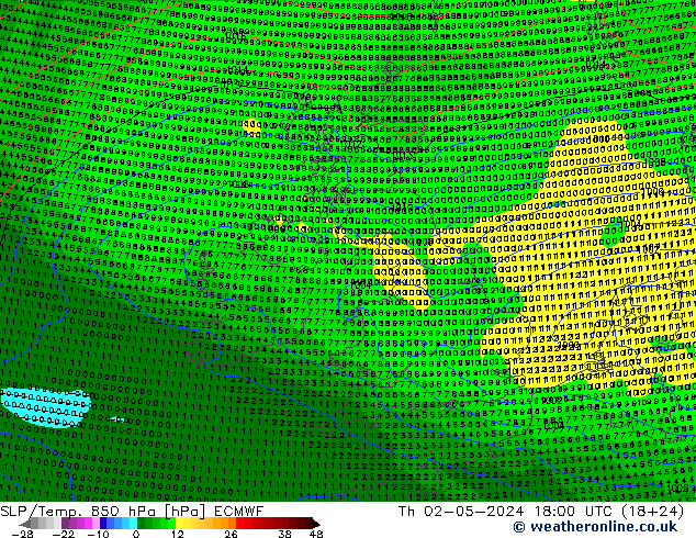 SLP/Temp. 850 hPa ECMWF czw. 02.05.2024 18 UTC