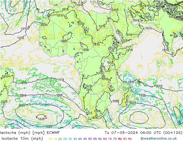 Izotacha (mph) ECMWF wto. 07.05.2024 06 UTC
