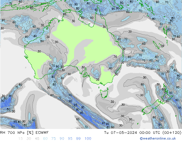 Humidité rel. 700 hPa ECMWF mar 07.05.2024 00 UTC