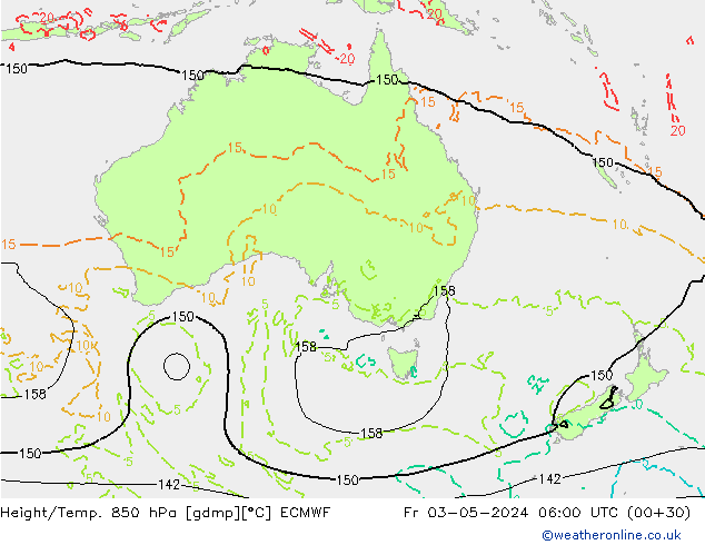 Geop./Temp. 850 hPa ECMWF vie 03.05.2024 06 UTC