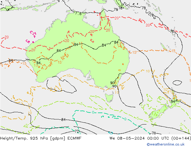 Height/Temp. 925 hPa ECMWF We 08.05.2024 00 UTC