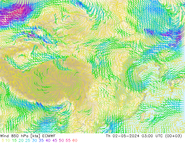 风 850 hPa ECMWF 星期四 02.05.2024 03 UTC