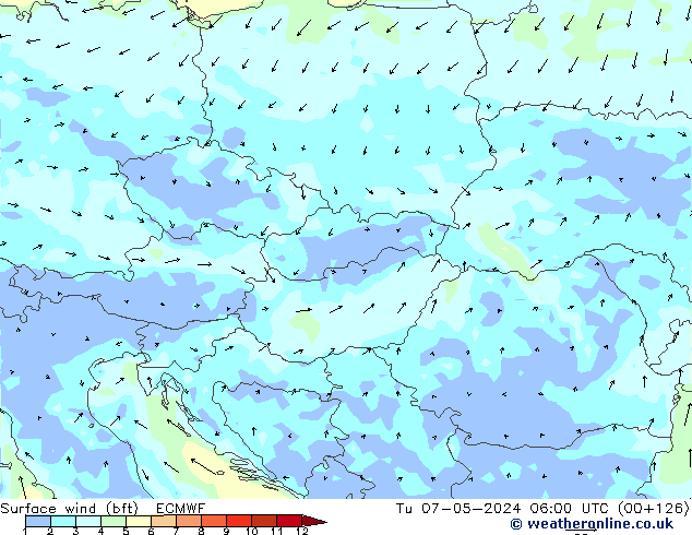 Surface wind (bft) ECMWF Tu 07.05.2024 06 UTC