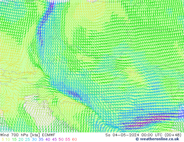 wiatr 700 hPa ECMWF so. 04.05.2024 00 UTC