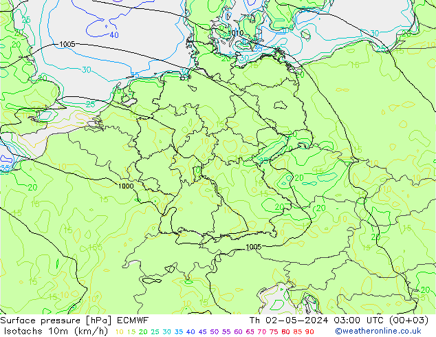 Isotaca (kph) ECMWF jue 02.05.2024 03 UTC