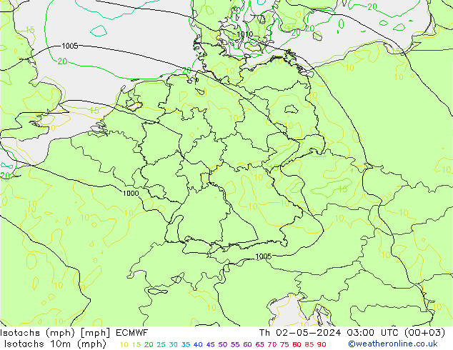 Isotaca (mph) ECMWF jue 02.05.2024 03 UTC