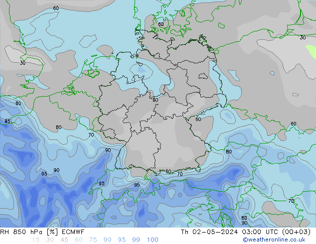 Humedad rel. 850hPa ECMWF jue 02.05.2024 03 UTC