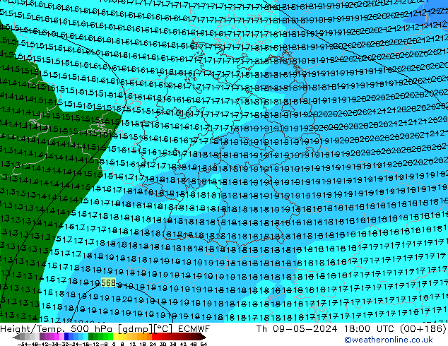 Z500/Rain (+SLP)/Z850 ECMWF Do 09.05.2024 18 UTC