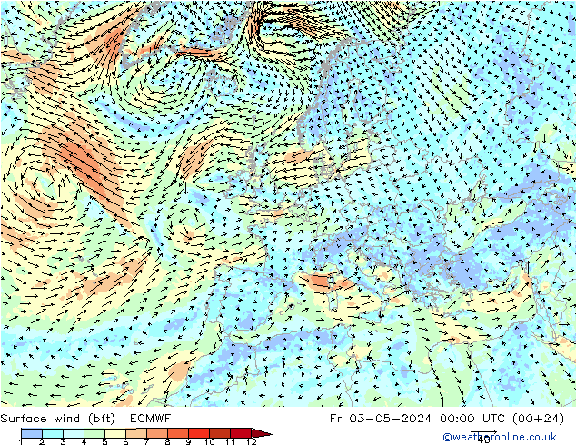 Surface wind (bft) ECMWF Fr 03.05.2024 00 UTC