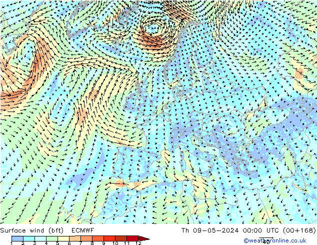 Surface wind (bft) ECMWF Čt 09.05.2024 00 UTC