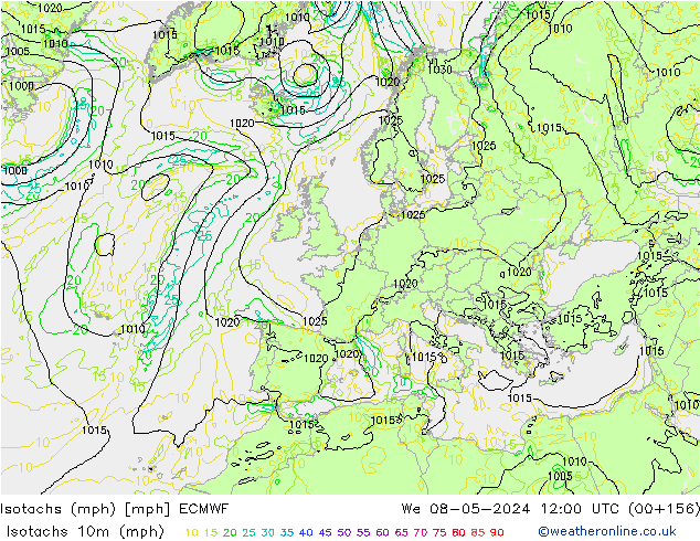 Isotachs (mph) ECMWF Qua 08.05.2024 12 UTC