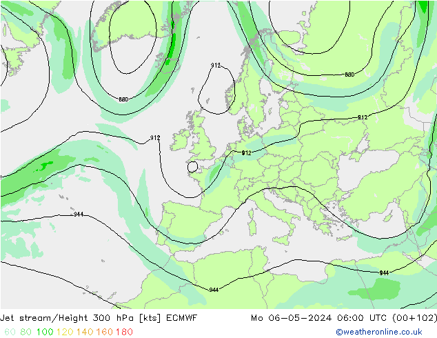 Jet stream/Height 300 hPa ECMWF Po 06.05.2024 06 UTC