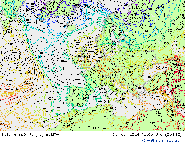 Theta-e 850hPa ECMWF Do 02.05.2024 12 UTC