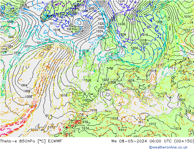 Theta-e 850hPa ECMWF St 08.05.2024 06 UTC