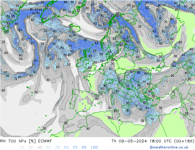 RH 700 hPa ECMWF czw. 09.05.2024 18 UTC