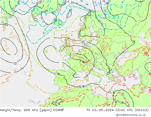 Height/Temp. 925 hPa ECMWF czw. 02.05.2024 03 UTC