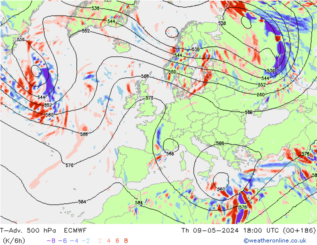 T-Adv. 500 hPa ECMWF czw. 09.05.2024 18 UTC