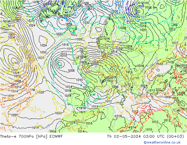 Theta-e 700hPa ECMWF gio 02.05.2024 03 UTC