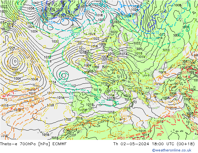 Theta-e 700hPa ECMWF Čt 02.05.2024 18 UTC