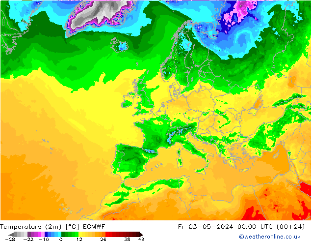 Temperatuurkaart (2m) ECMWF vr 03.05.2024 00 UTC